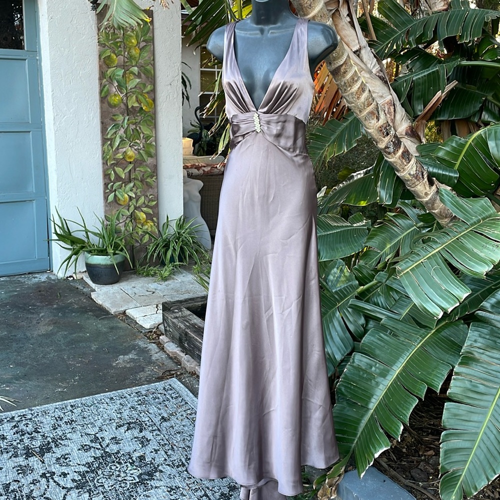Night Way metallic silver satin gown with train